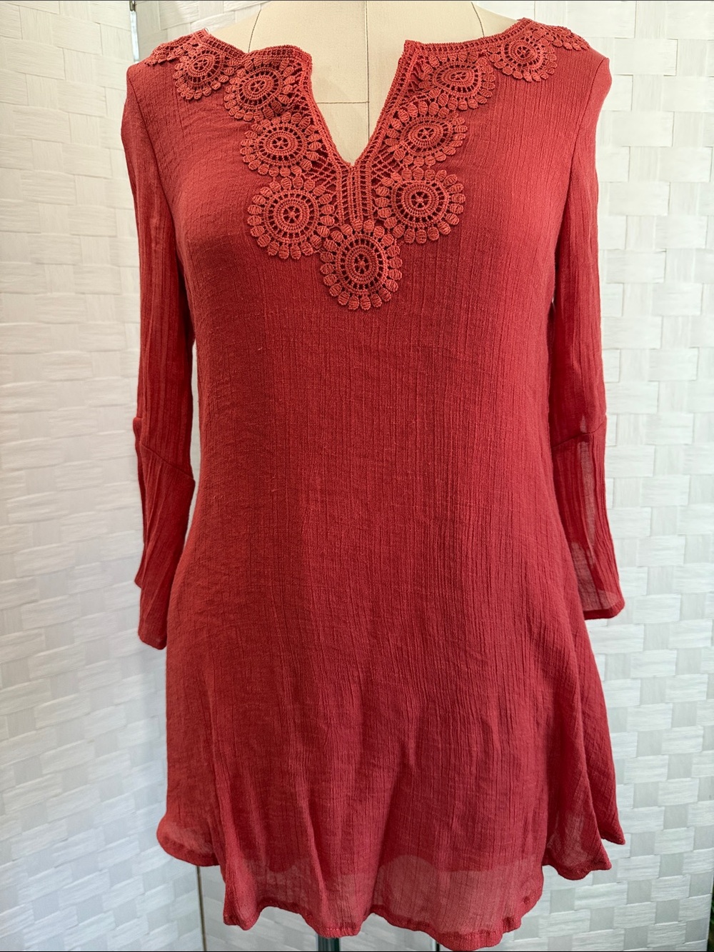 Women's Mini Dress with Crochet V-Neck in Brick Red